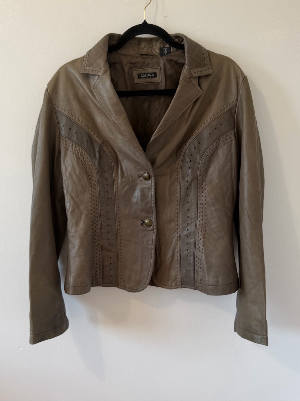 Tahari Genuine Leather Blazer Jacket M Taupe Grey Perforated Y2K Boho Whimsigoth